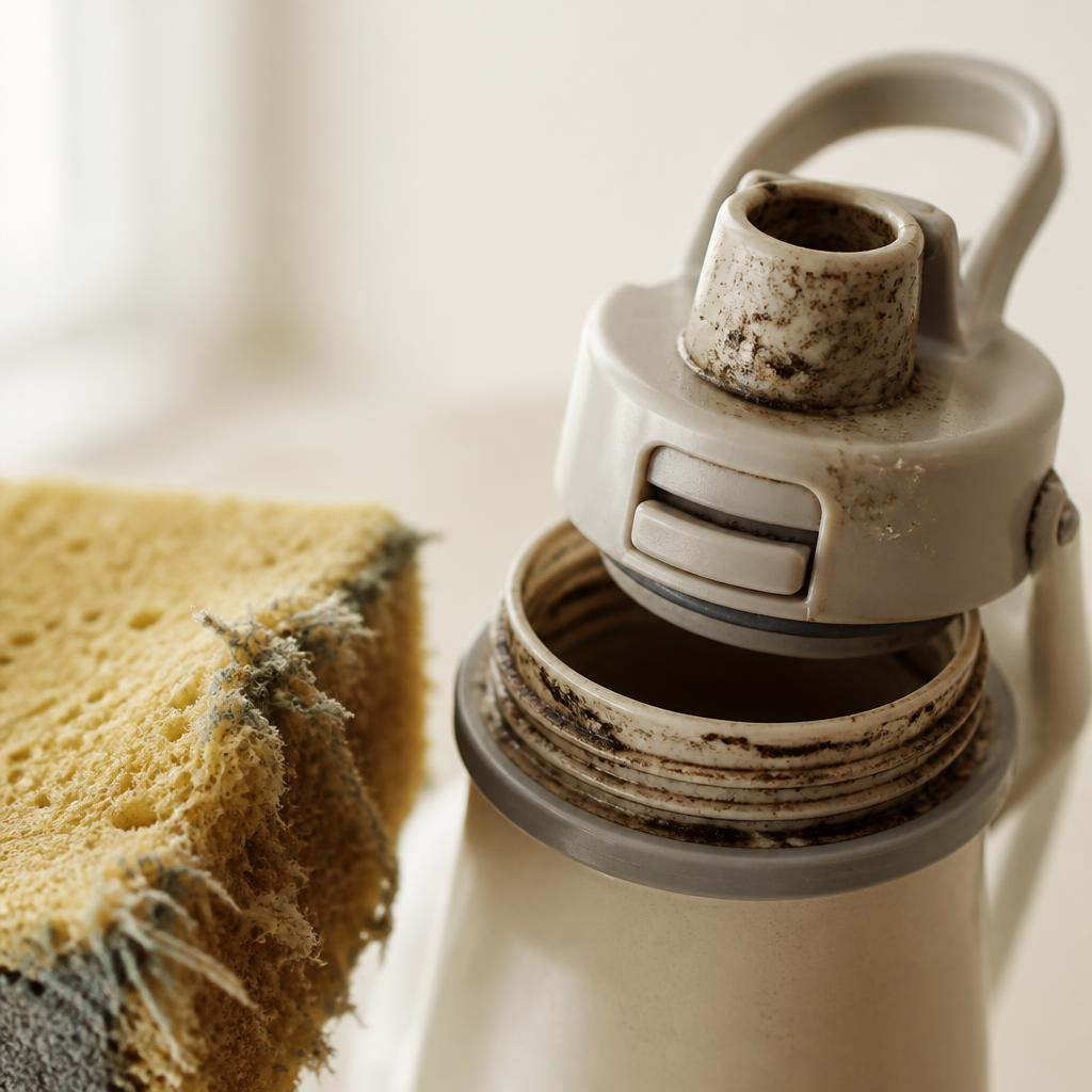 Grimy bottle lid and threads next to a worn sponge